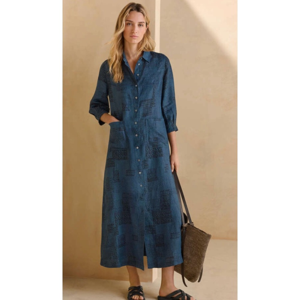 $398 Poetry Size 14 Maxi Shirt Dress Minimalist Lagenlook Linen Pockets Blue b1.